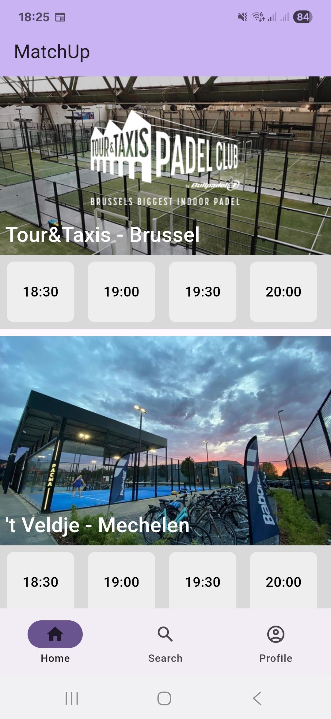 MatchUp overview screen with upcoming reservations and quick actions
