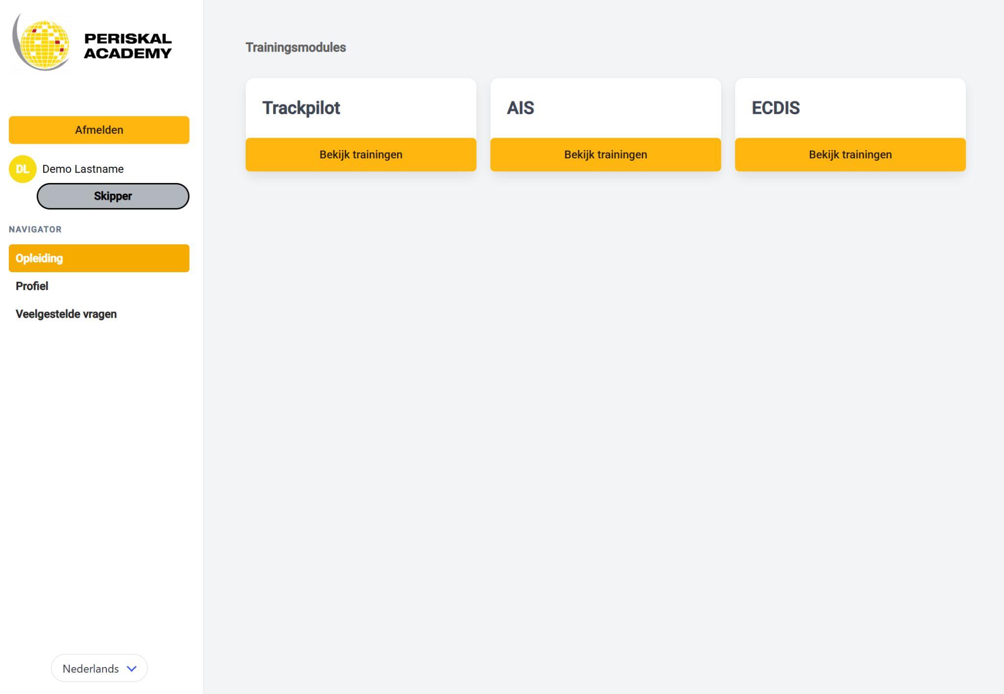 Periskal Academy dashboard homepage for maritime learning